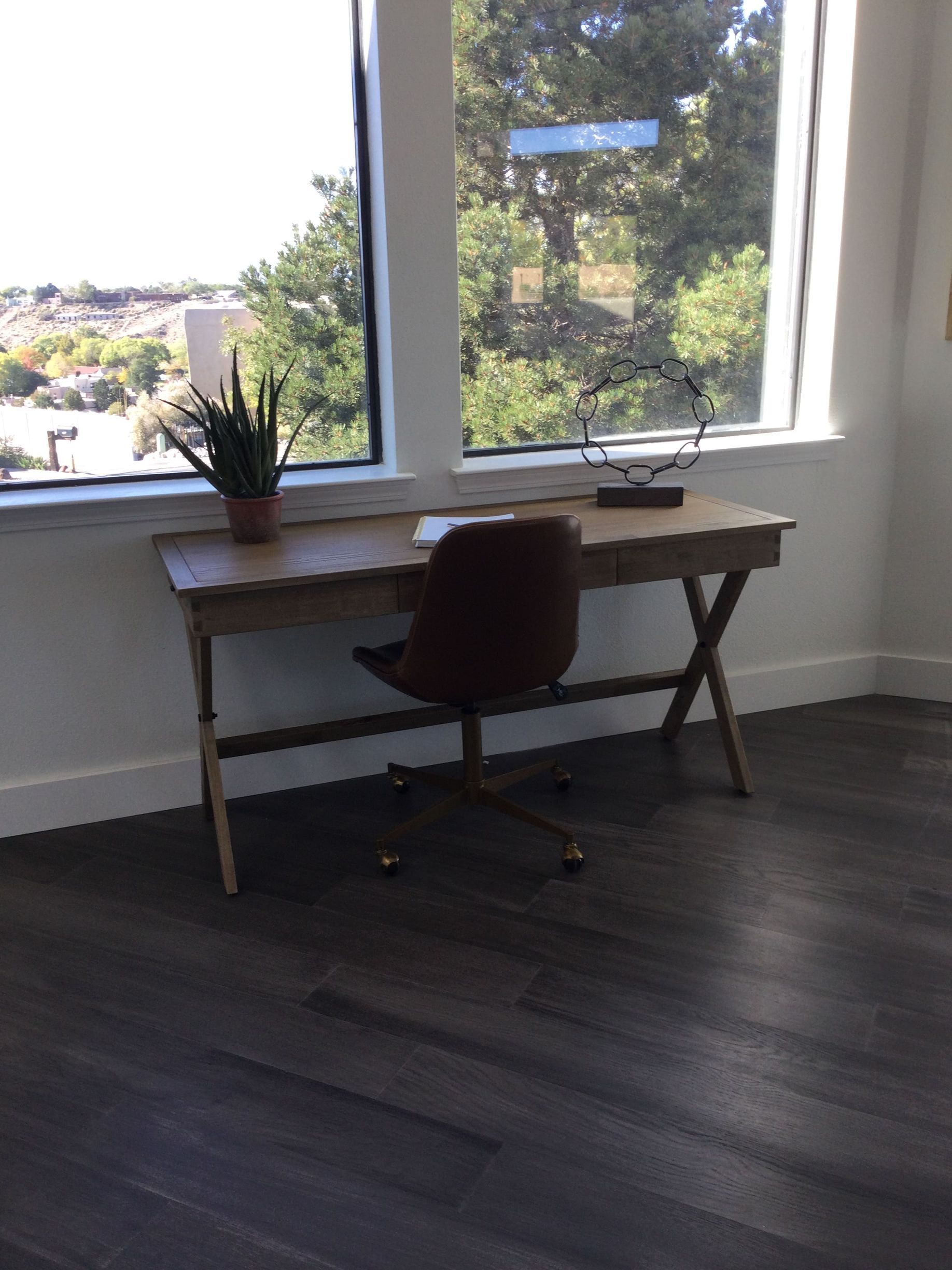 A desk with a chair and a plant on it in front of a window.
