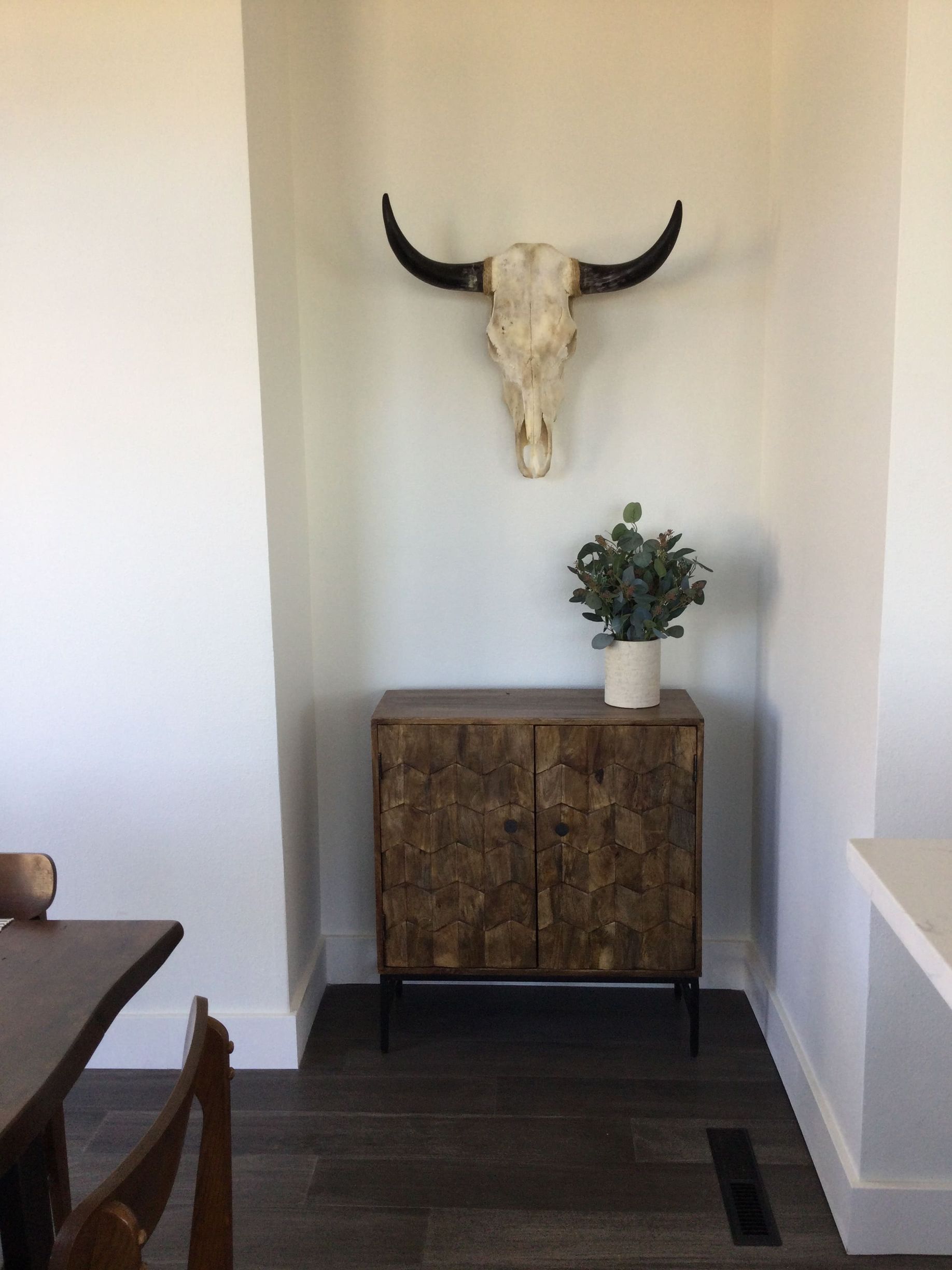 A skull with horns is hanging on a wall above a wooden cabinet