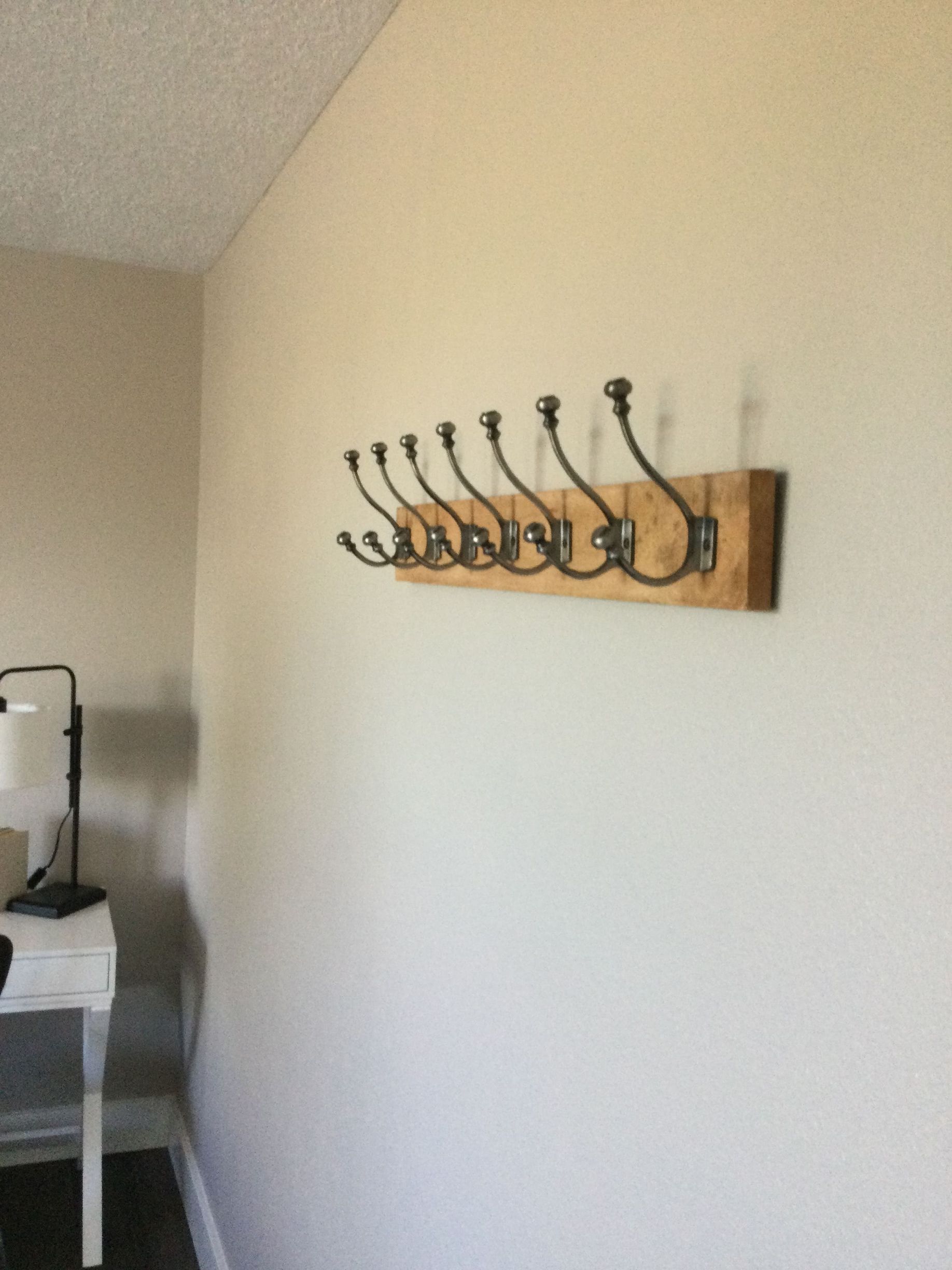 A row of hooks hanging on a wall next to a lamp