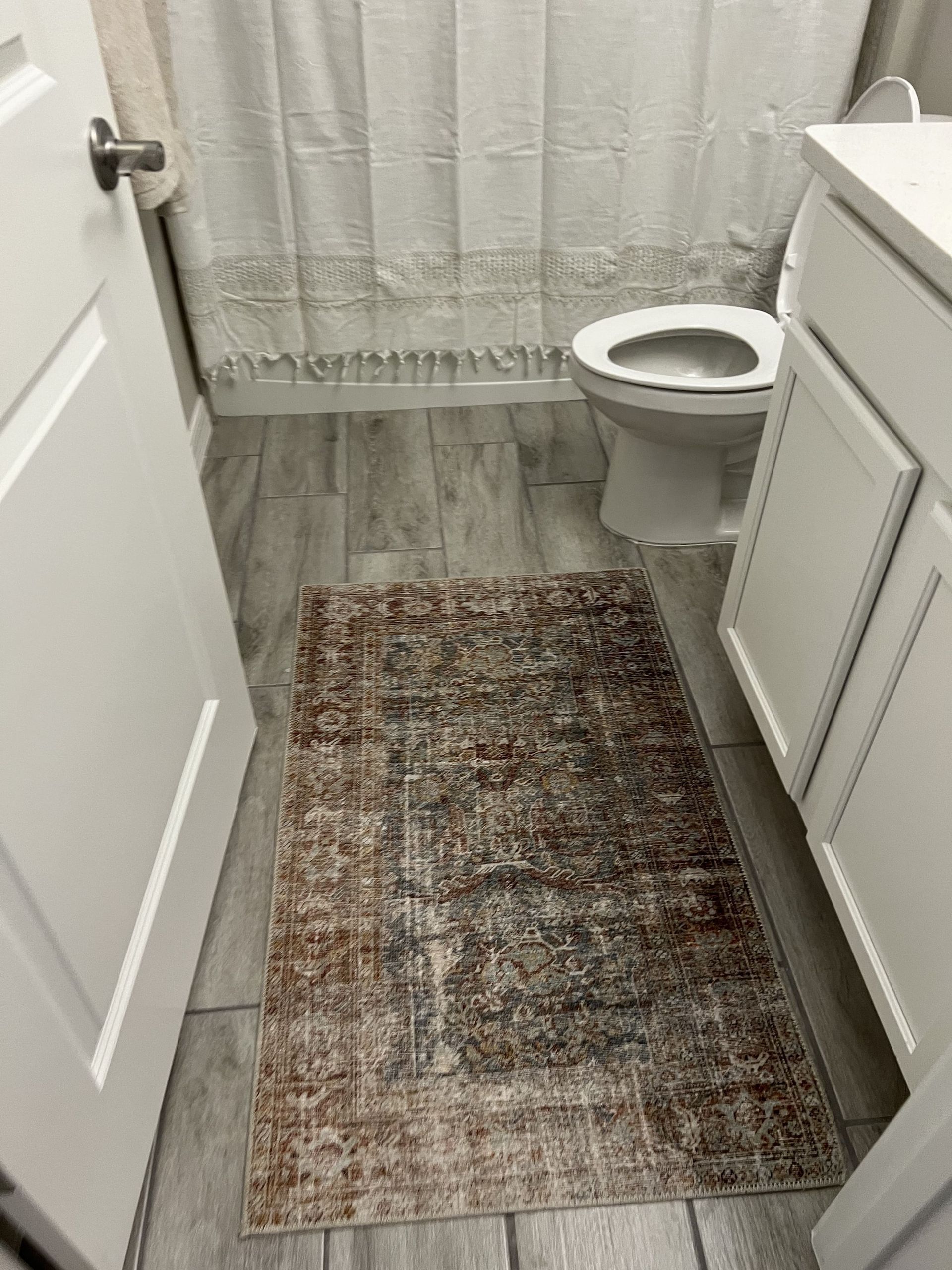 A bathroom with a toilet , sink , and rug.