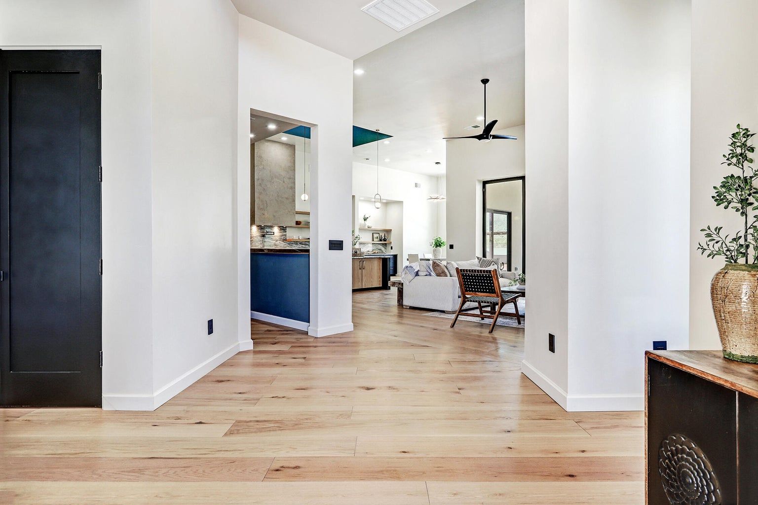 A hallway in a house with hardwood floors and a black door leading to a living room.