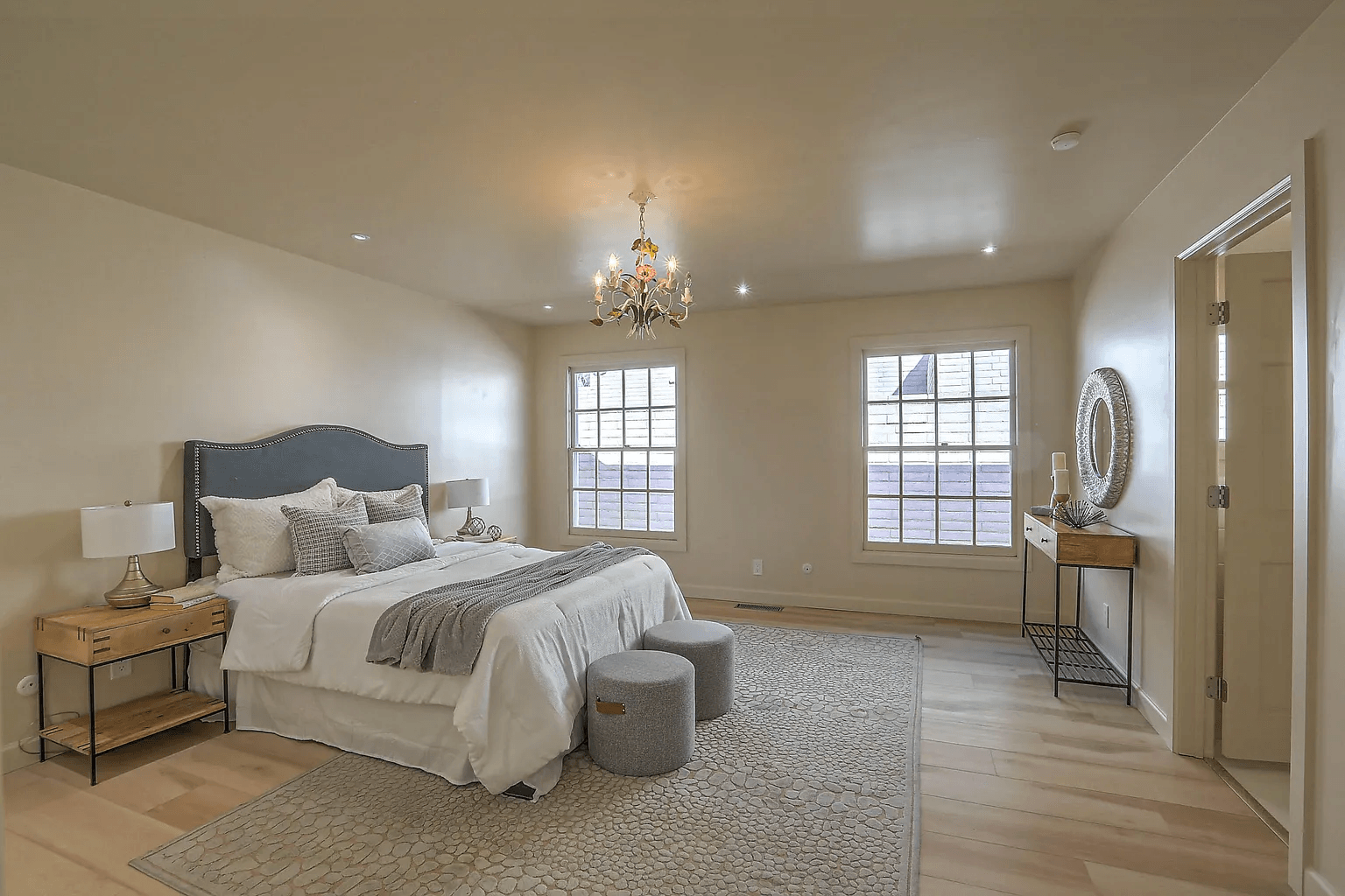 There is a large bed in the middle of the room.