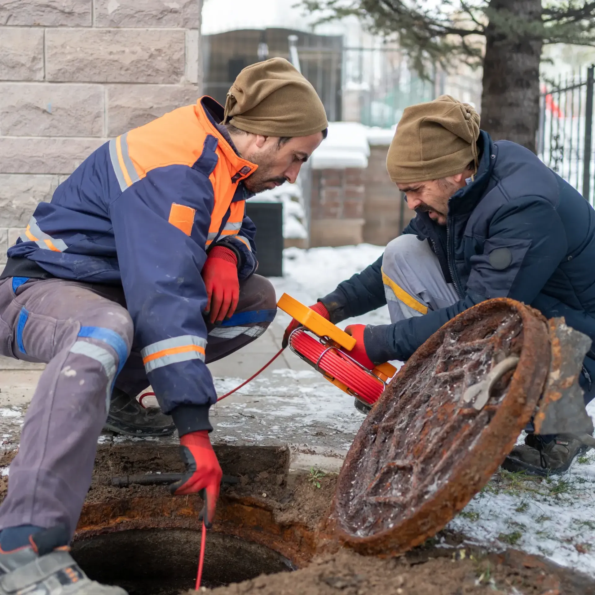 Pipex Plumbing- A Two men are working on a manhole cover in the snow.