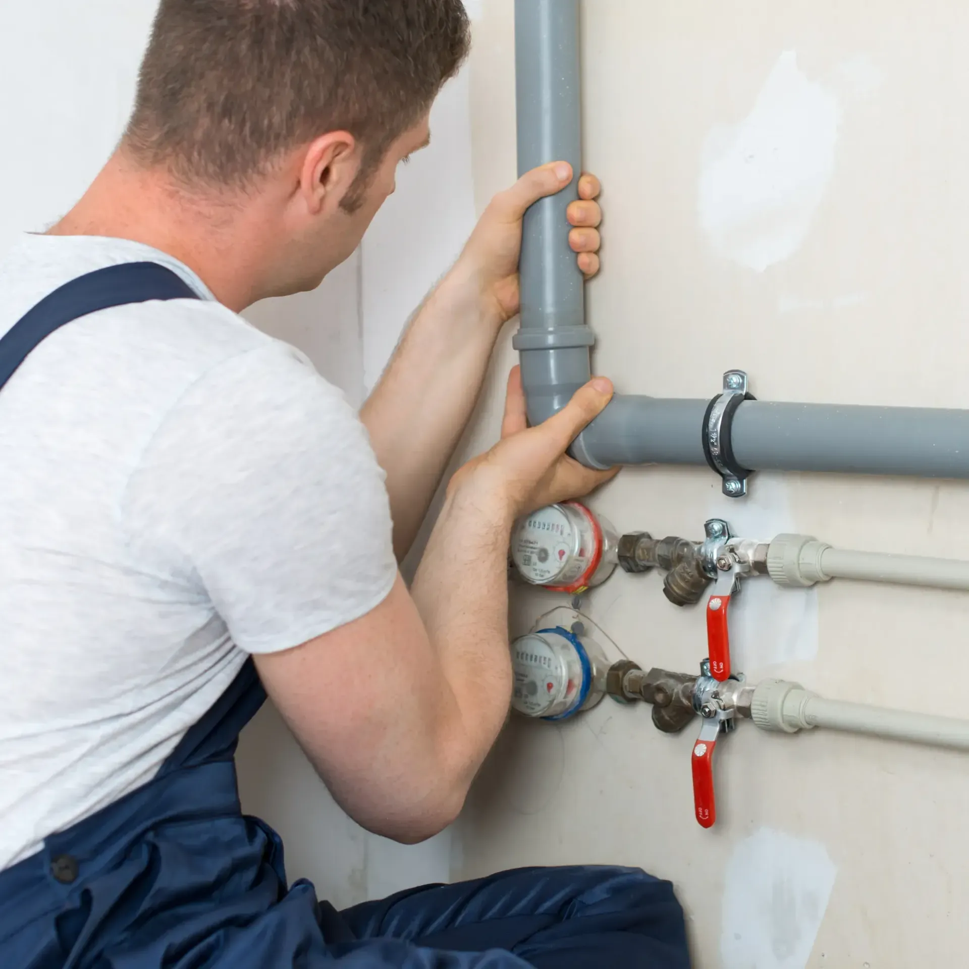 Pipex Plumbing - A man in blue overalls is working on a pipe