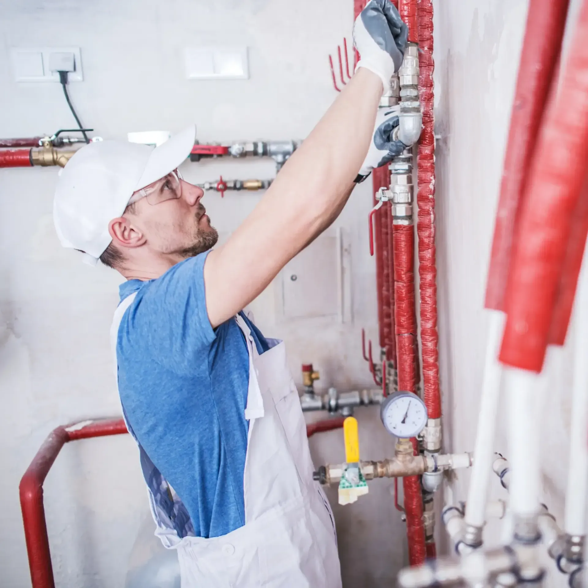 Pipex Plumbing - A man in a blue shirt and white apron is working on a pipe.