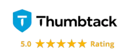 A logo for thumbtack with a 5.0 star rating