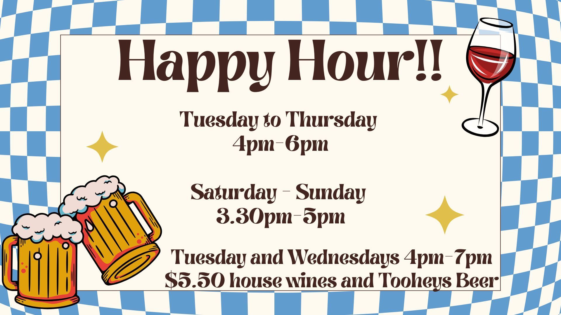 Happy hour promotion: Text with beer mugs, wine glass, and a blue checkered background.