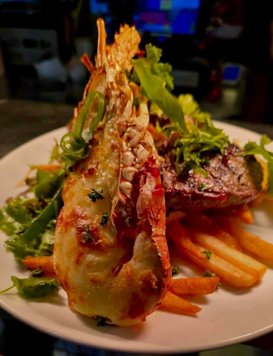 Grilled lobster tail and steak, with fries and salad on a white plate.