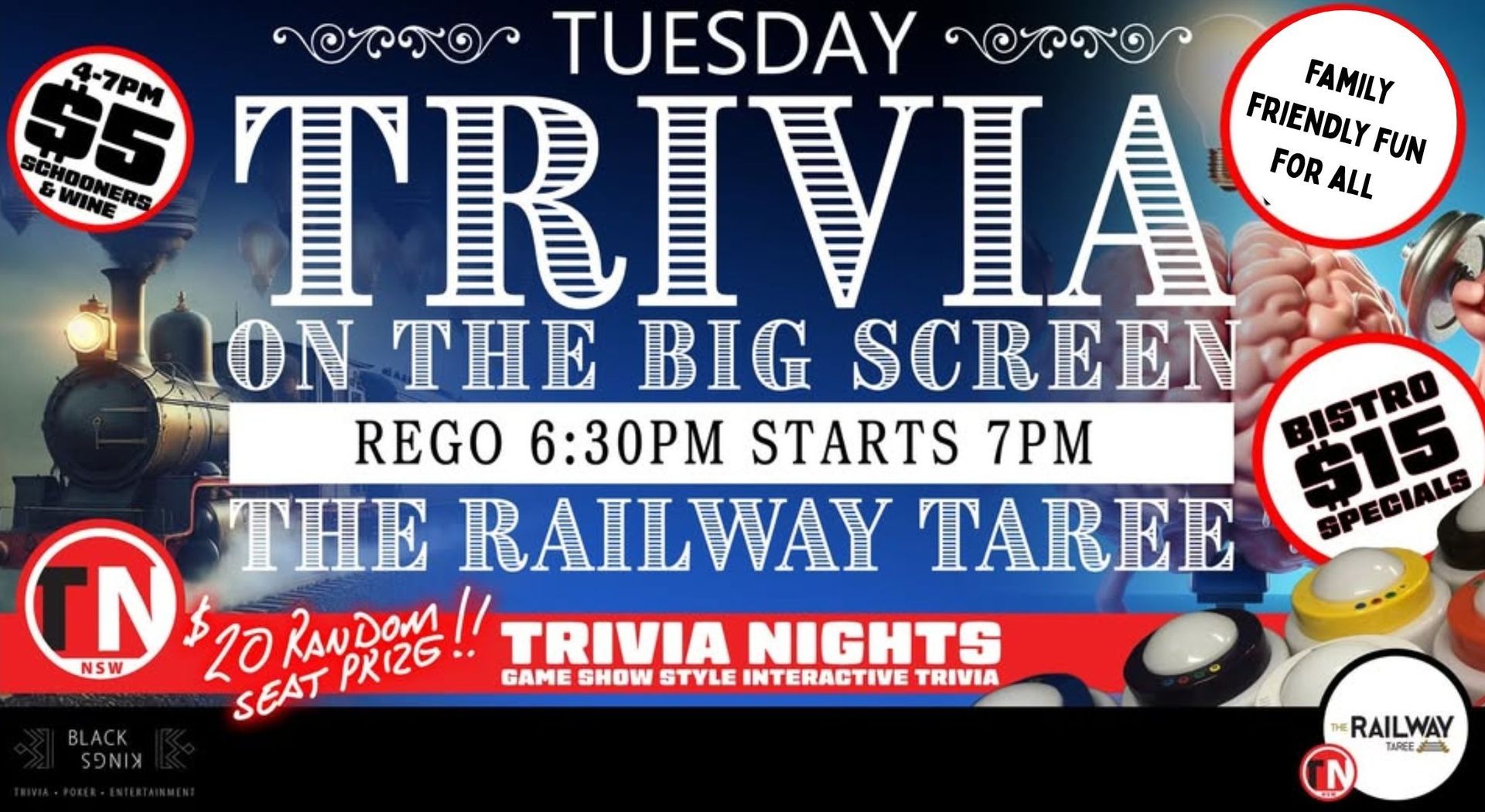 Trivia night poster: Tuesday at The Railway Tavern. Starts 7pm, Rego 6:30pm. Features a train graphic and specials.