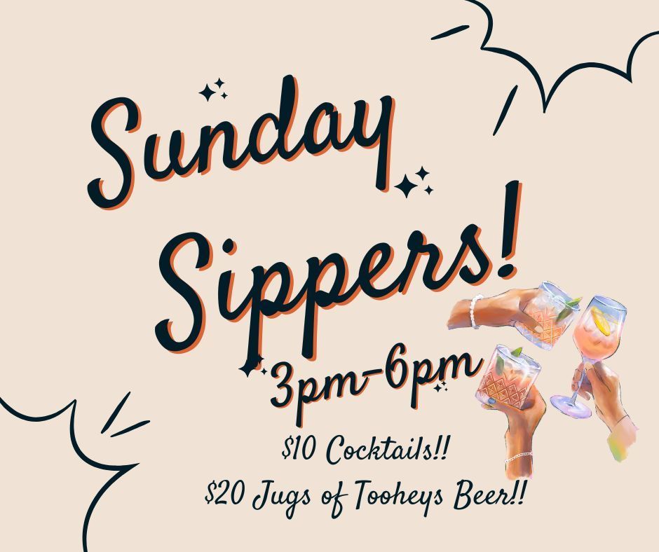 Sunday Sippers promotion: $10 cocktails and $20 Tooheys beer jugs, 3-6 pm. Hands toasting drinks on a beige background.