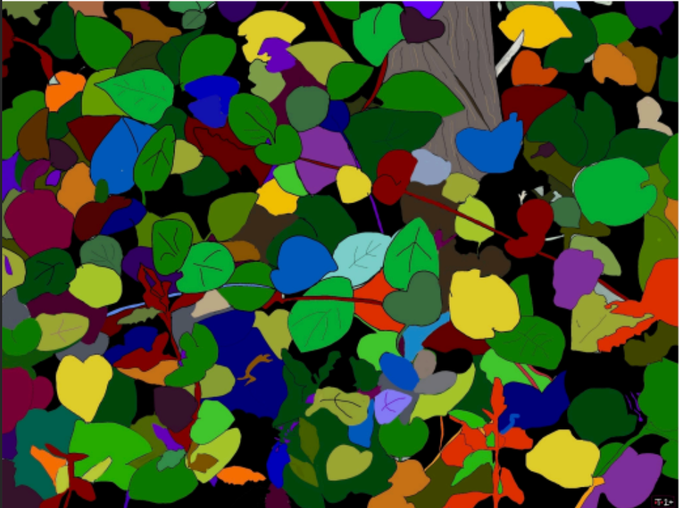 Abstract collage of overlapping colorful leaf-like shapes on a dark background