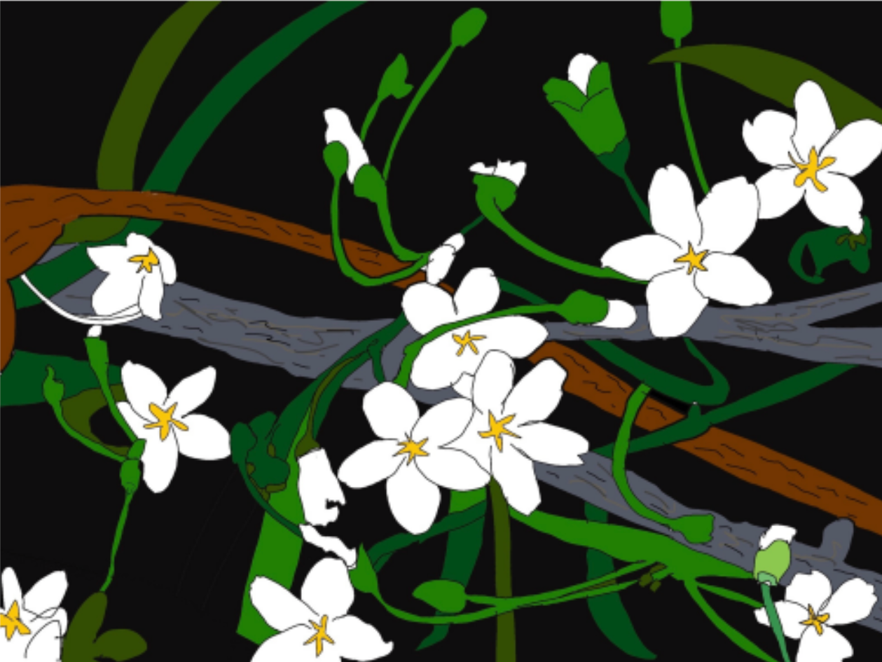 White flowers and green vines winding across dark branches on a black background