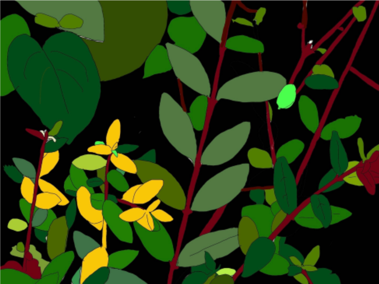 Abstract foliage with green leaves, red stems, and small yellow flowers on a dark background
