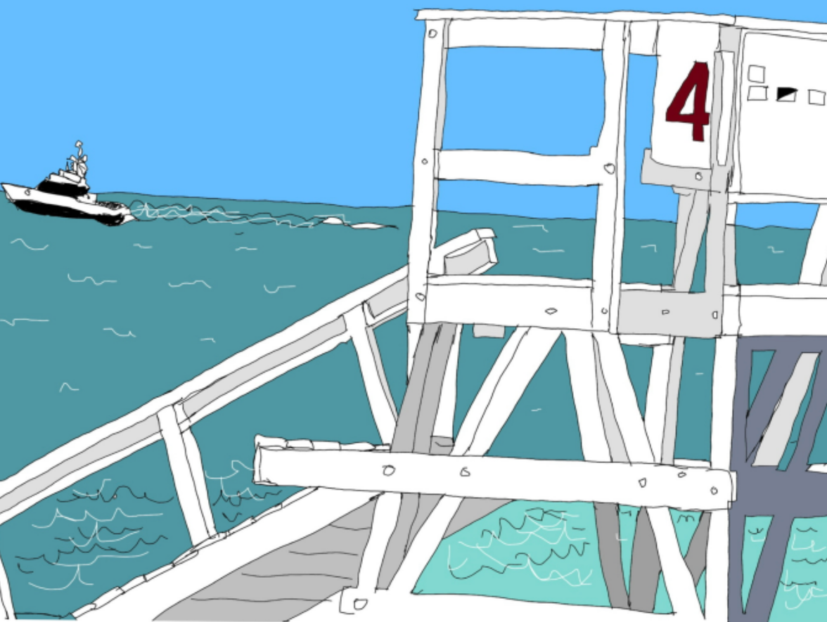 Lifeguard tower beside turquoise water, with a distant boat and clear blue sky.