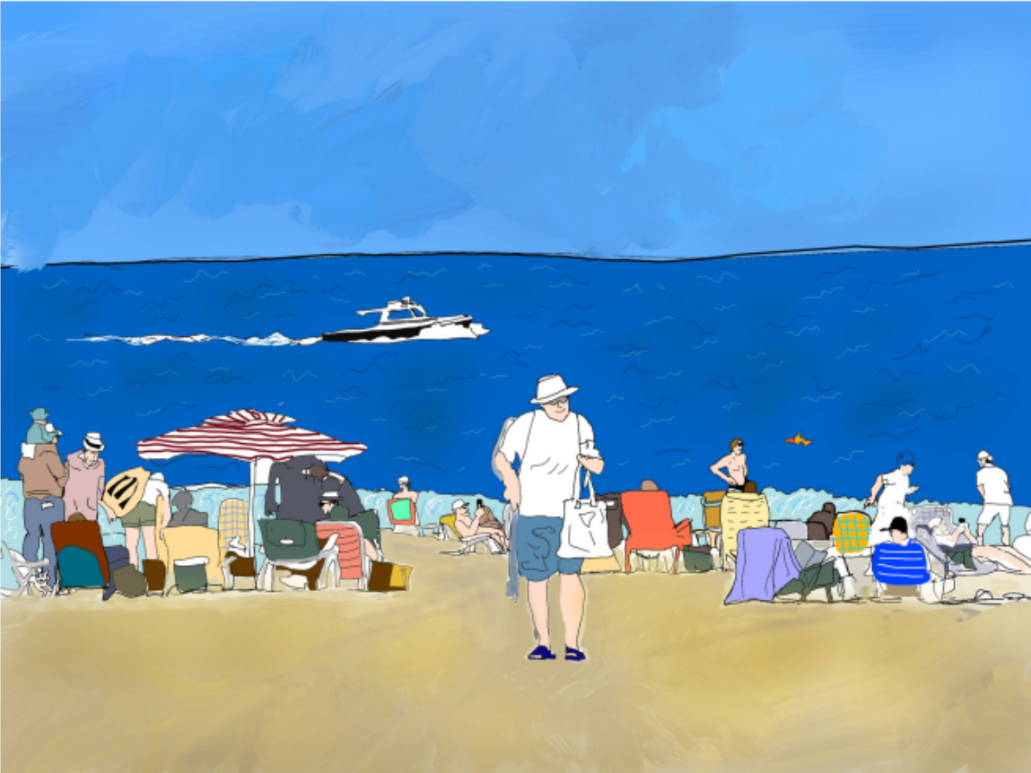 People relaxing on a sandy beach with umbrellas, blue ocean, and a boat in the distance