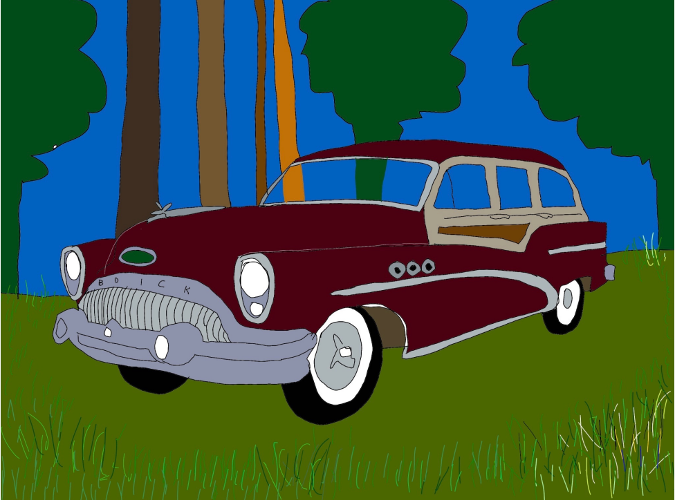 Maroon vintage car parked on grass with trees in the background