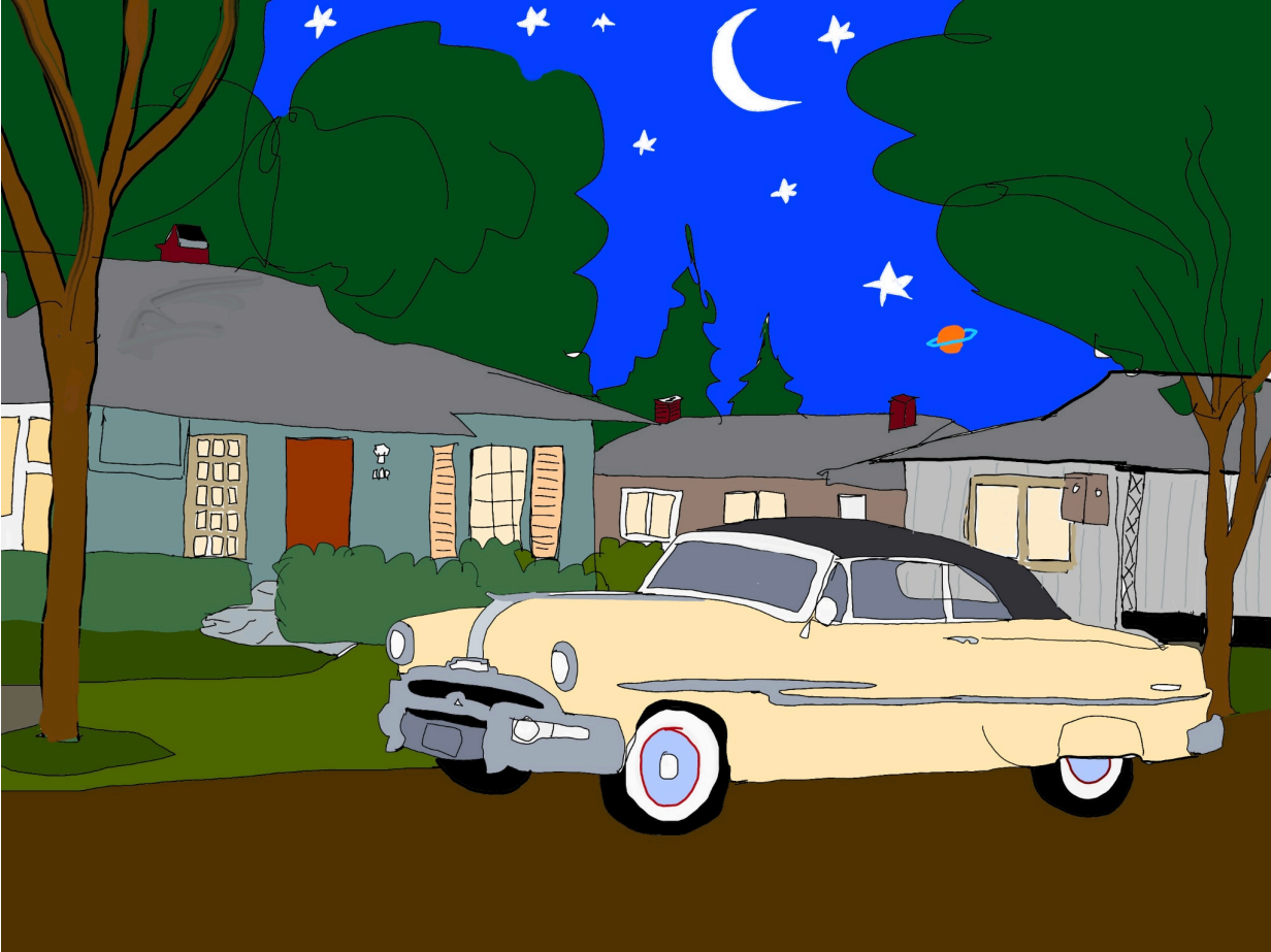 Vintage cream car parked on a suburban street at night under a starry sky