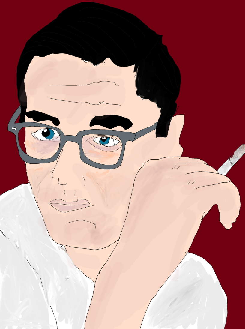Man with glasses resting his head on his hand against a dark red background