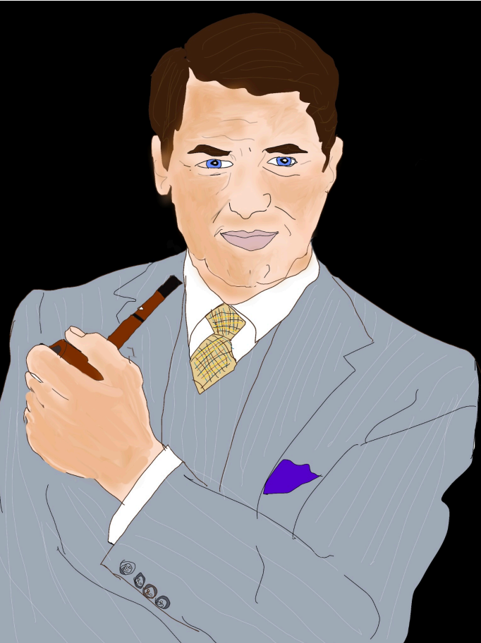 Stylized portrait of a person in a gray suit holding a pipe, with blue eyes and a purple pocket square