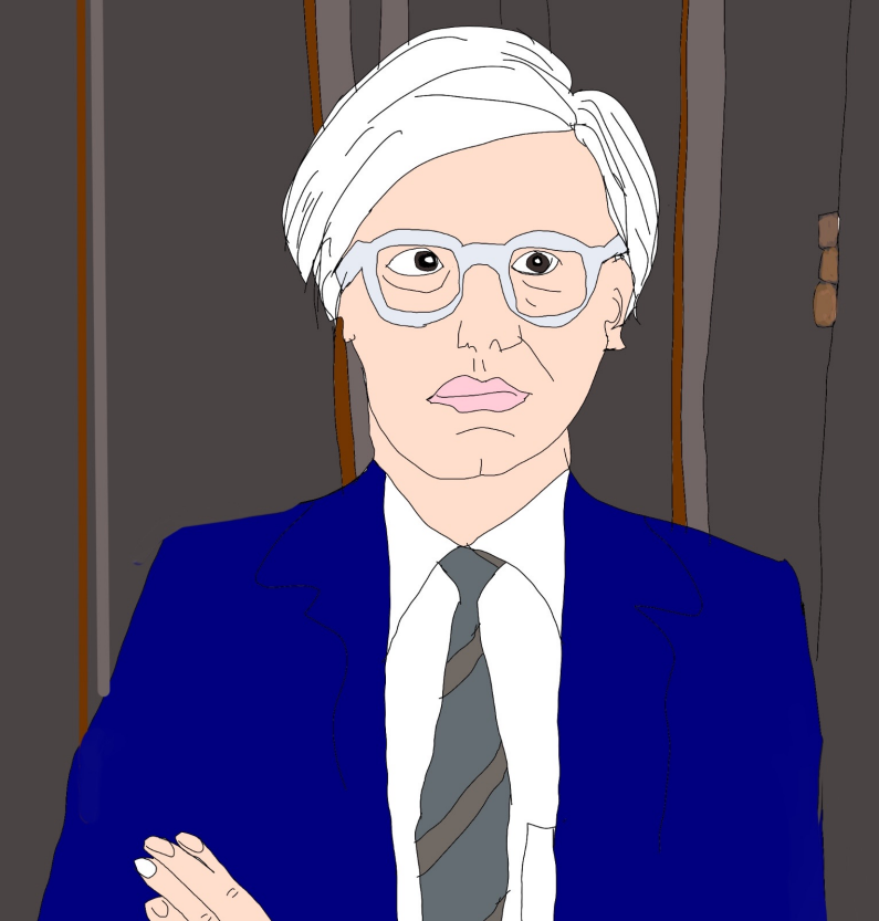 Stylized portrait of a person in a blue suit and glasses against a dark background.