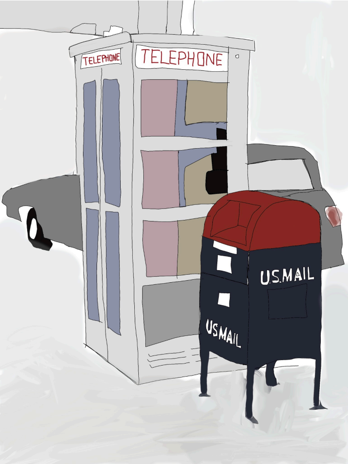 Red mailboxes by a white telephone booth and a gray car in a simple illustration