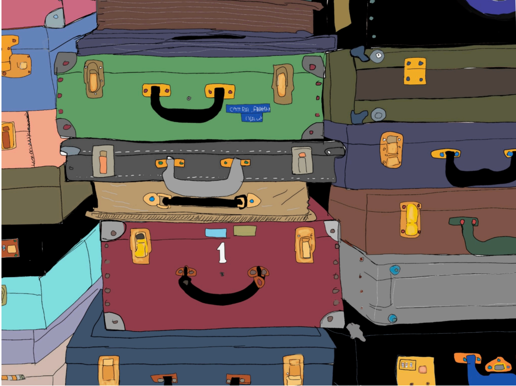 Stacked colorful vintage suitcases with visible handles and latches.