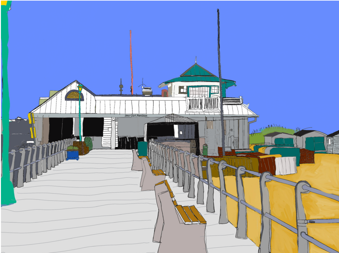 Pier with white building, yellow railings, and blue sky over calm water