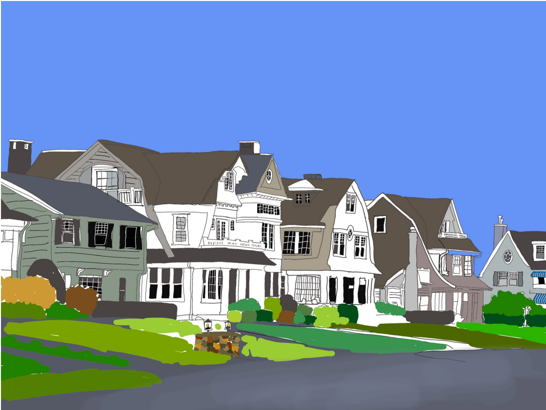 Row of suburban houses with green lawns under a bright blue sky