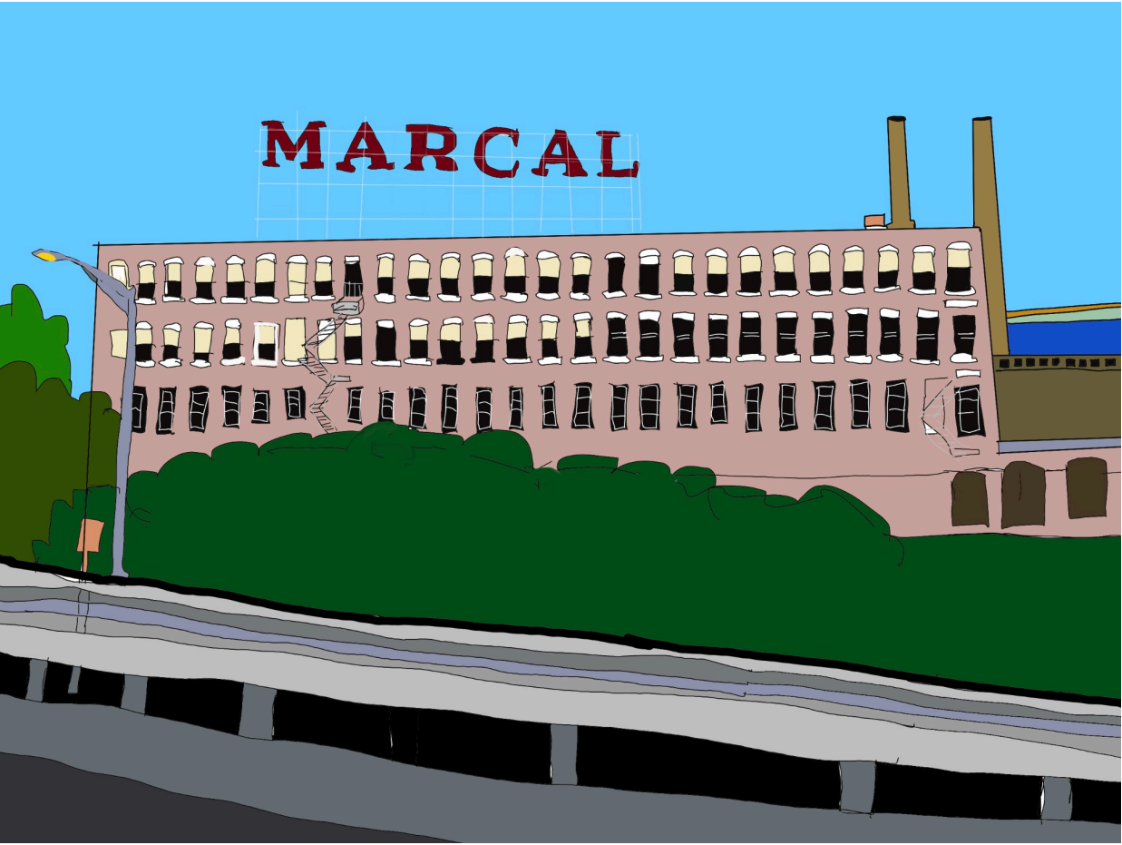 MARCAL factory building with red rooftop sign, green bushes, and a road in front