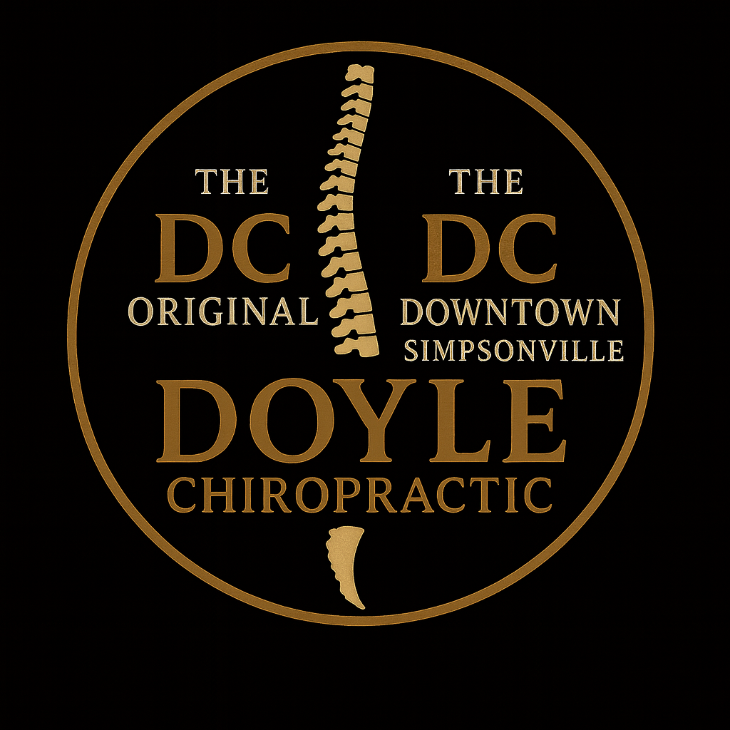 Logo for Doyle Chiropractic: brown circle, spine graphic, text 