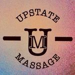 The logo for upstate massage is on a colorful background.