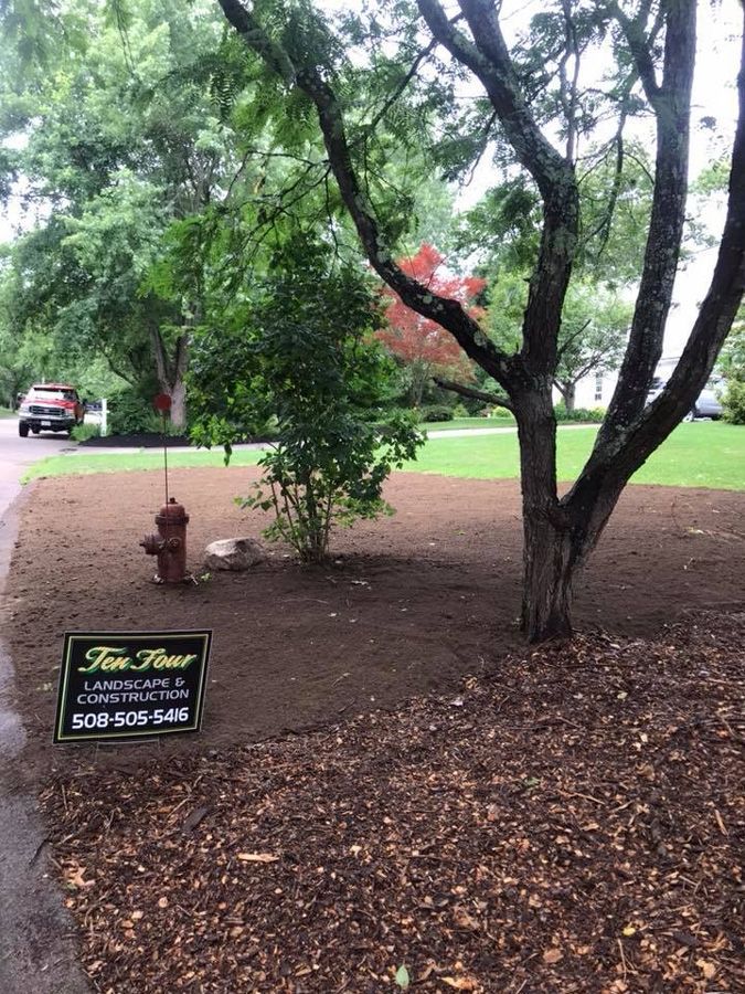 Brown mulch bed with tree, fire hydrant, and sign. A car is in the background.