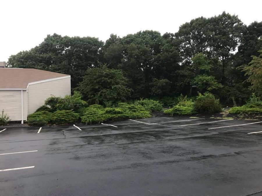 Parking lot in front of a building with a treeline in the background on an overcast day.