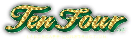 The logo for Ten Four Landscape Construction in Norfolk, MA Ten Four LLC logo in green and gold, a stylish font with a white shadow.