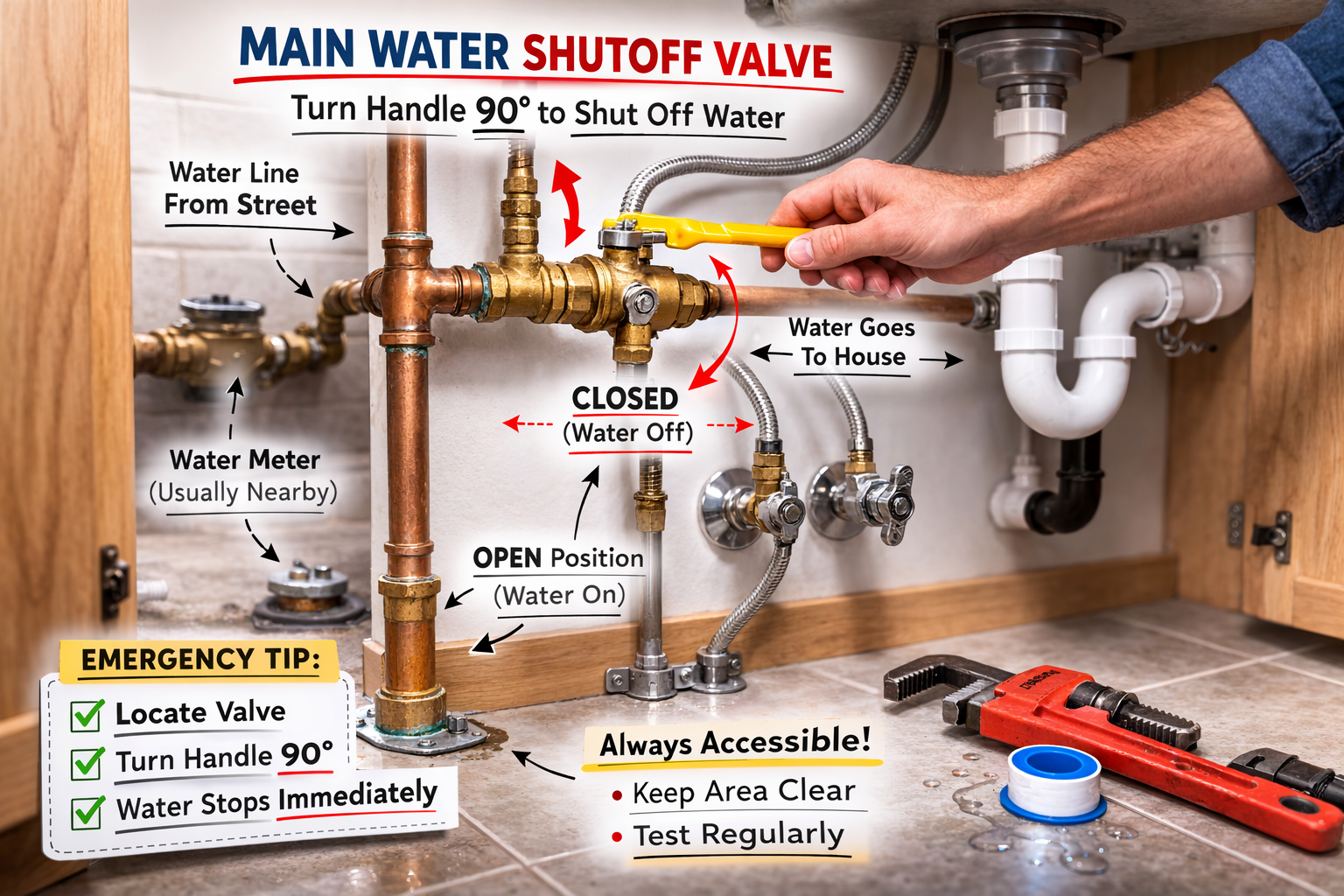 Diagram of a main water shutoff valve, with hand turning handle to close water flow.