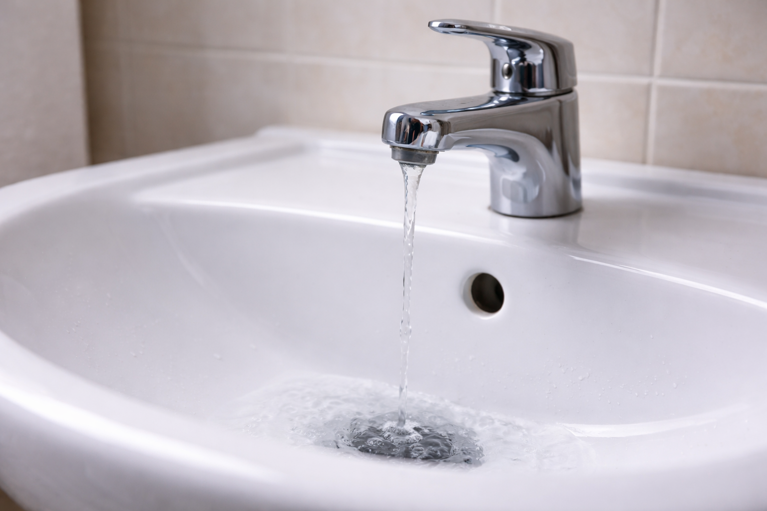 Water flows from a shiny chrome faucet into a white ceramic bathroom sink.