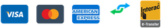 Logos for payment methods: Visa, Mastercard, American Express, E-transfer, and Interac.