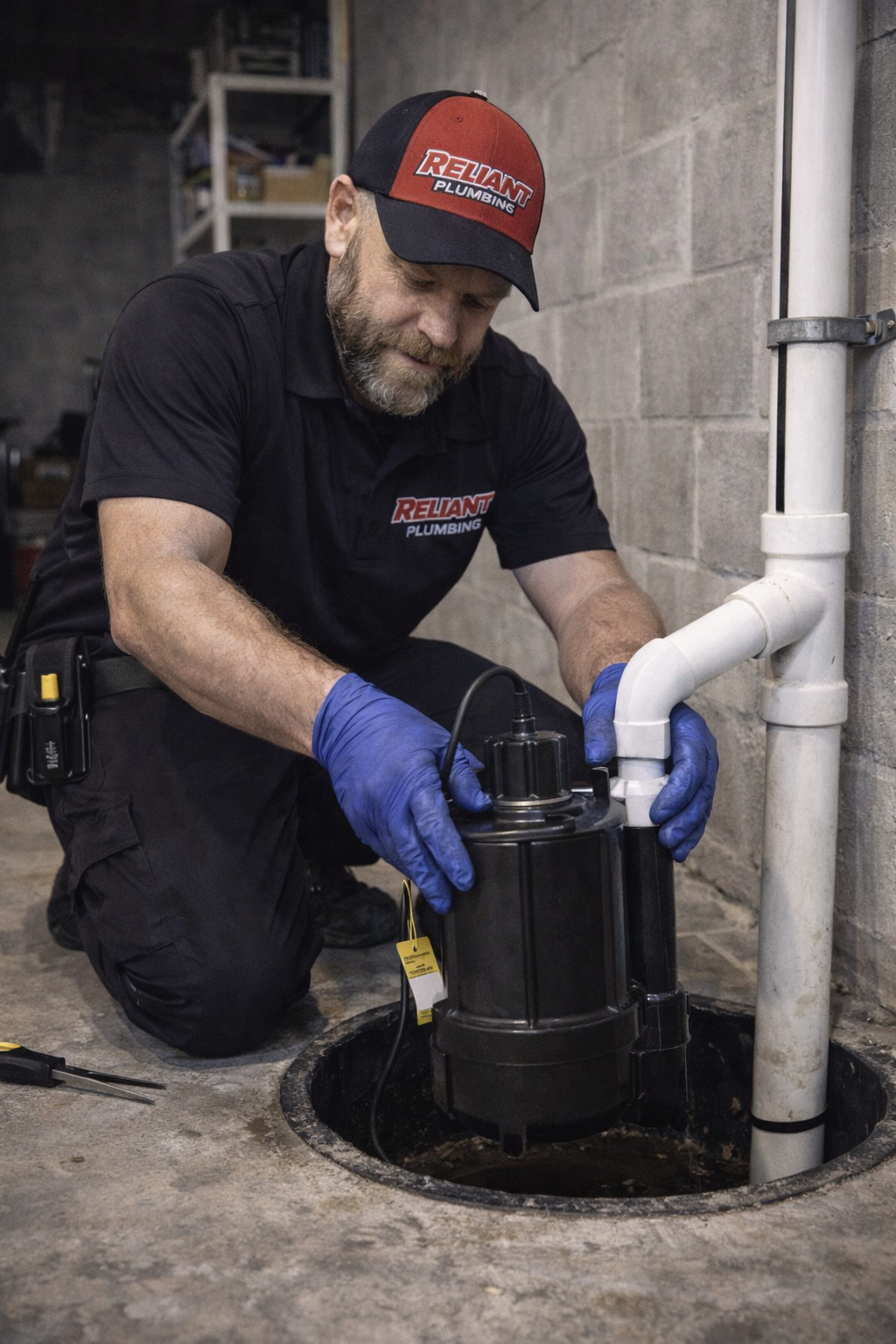 A person in a black shirt and hat installs a sump pump in a basement.