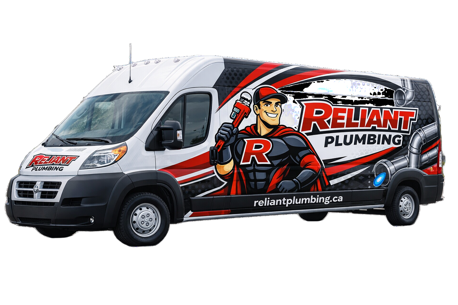 Reliant Plumbing van with a superhero plumber holding a wrench. Red, black, and white design.
