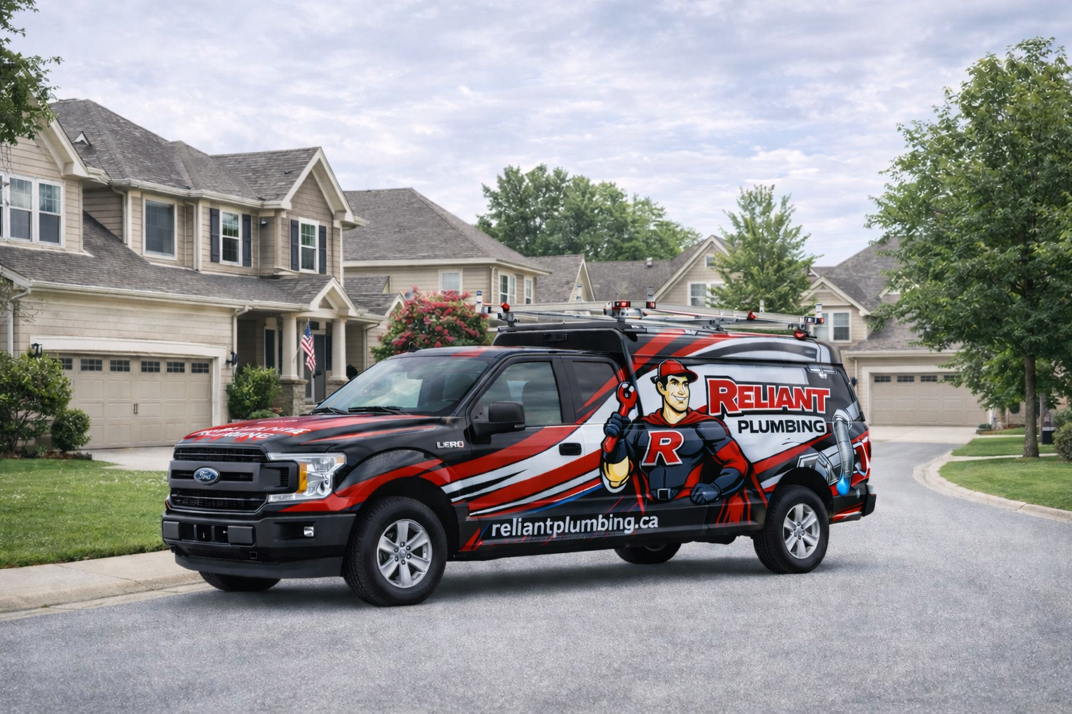 Black and red plumbing truck parked on a residential street. The truck has the 