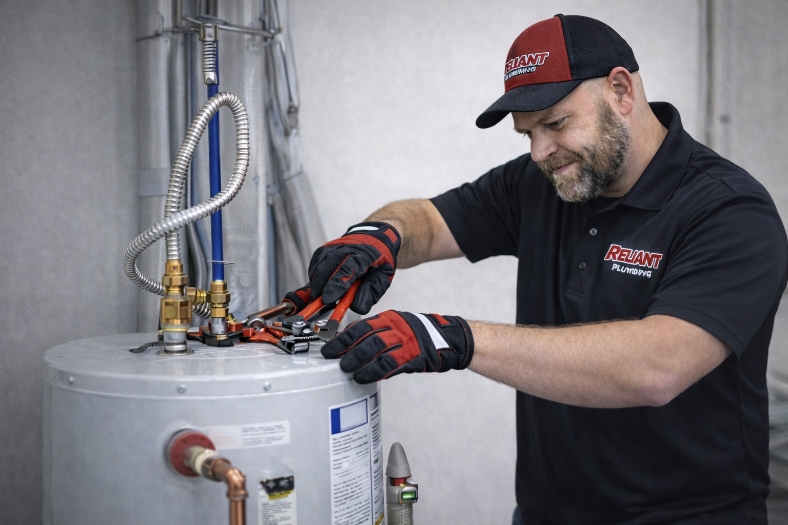 A technician in a baseball cap works on a water heater, using pliers.