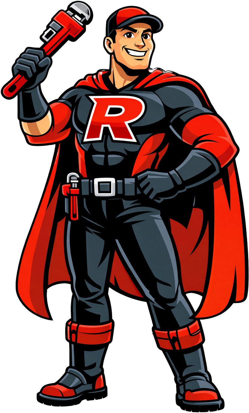 Superhero plumber in red and black costume holding a wrench, smiling.
