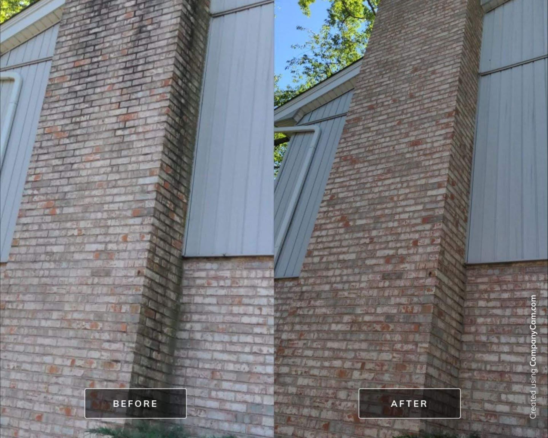 Comparison of a brick chimney before and after cleaning, showing noticeable removal of black dirt and discoloration.