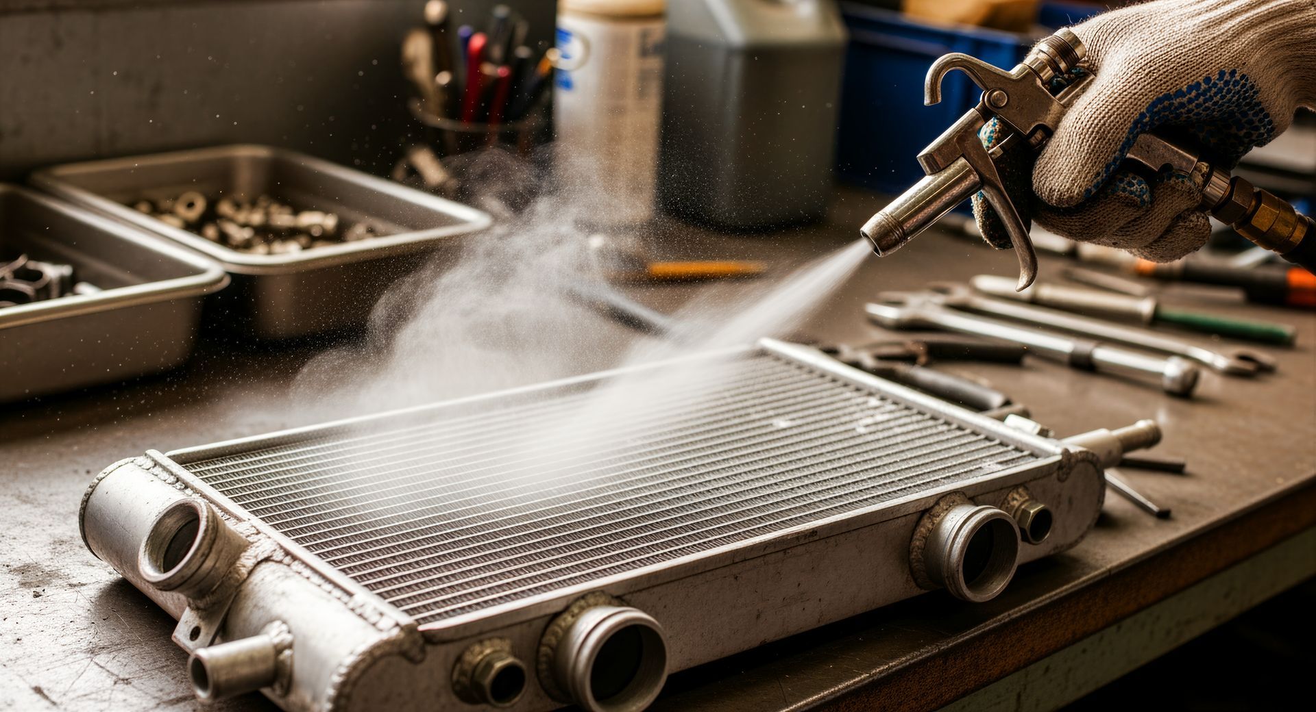 technician cleaning buildup from a vehicle radiator core with a compressed air gun
