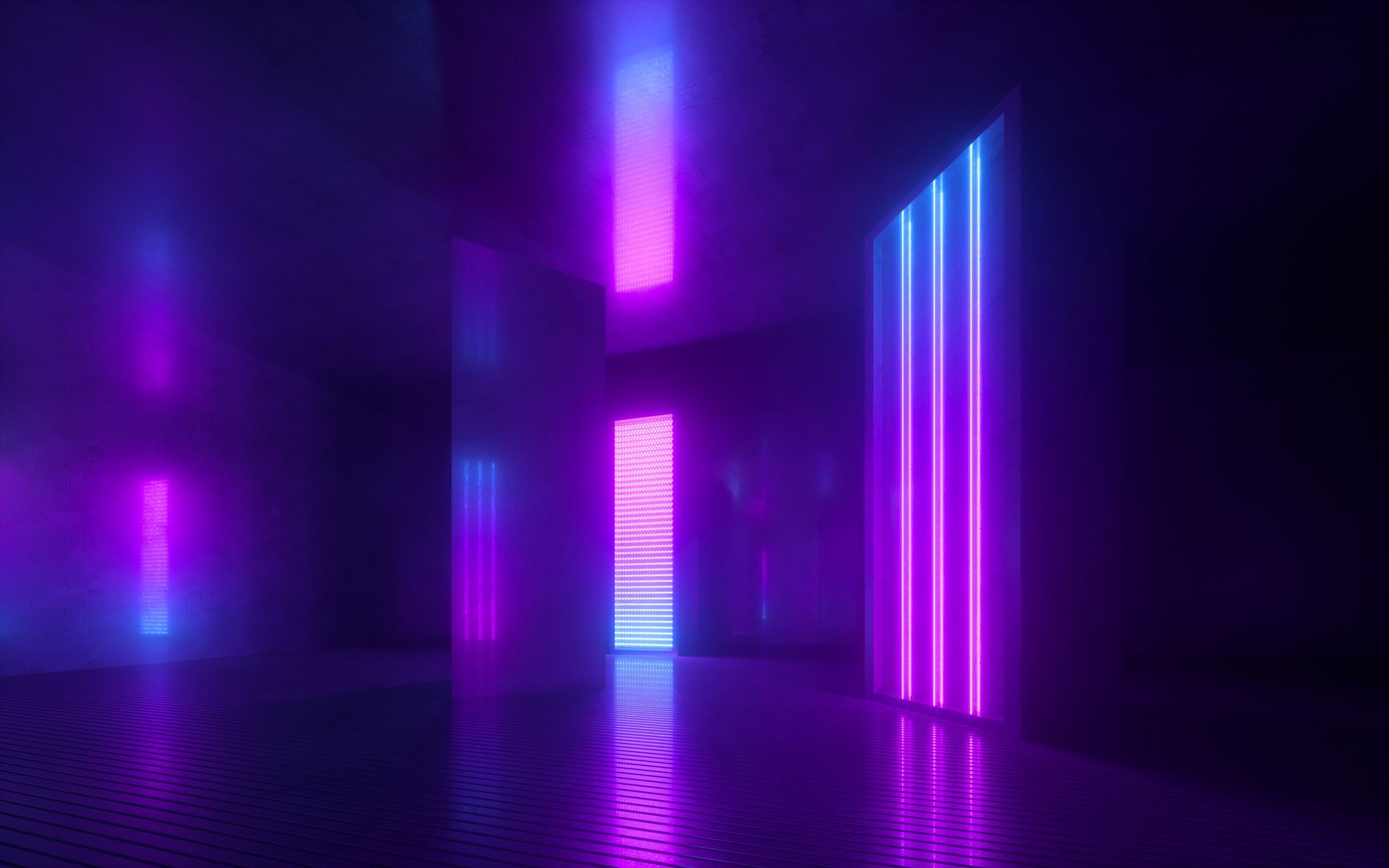 A dark room illuminated by vibrant purple and blue lights, showcasing event lighting for corporate e