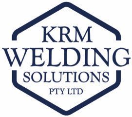 Logo for KRM Welding Solutions Pty Ltd, featuring dark blue text within a hexagon-shaped frame.