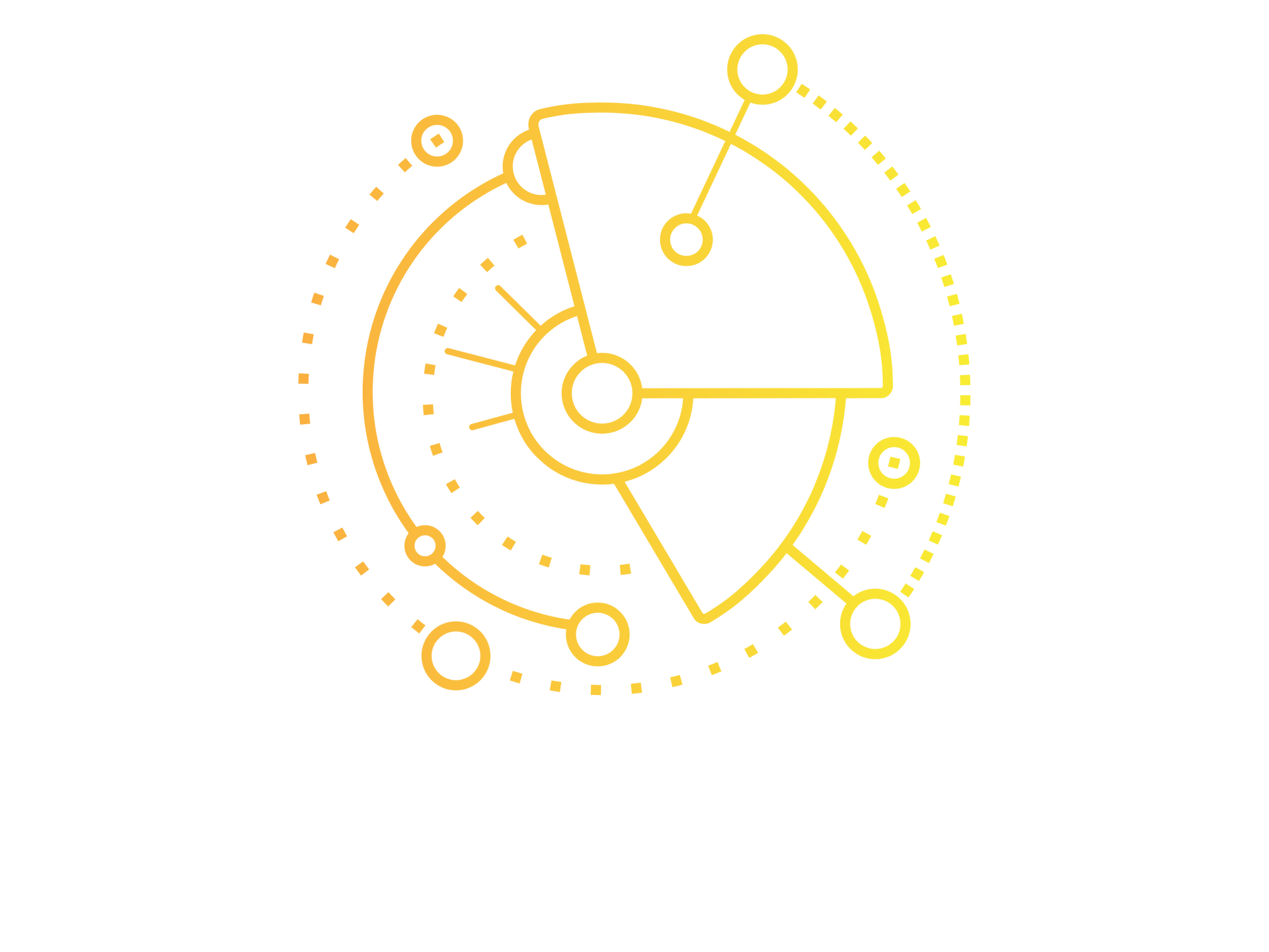 Golden abstract logo of a circular design with connecting dots and geometric shapes.