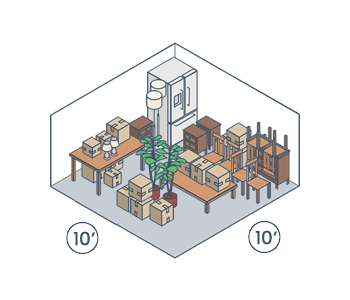 Isometric storage room with shelves, boxes, desk, plants, and a refrigerator; 10' by 10' layout shown.