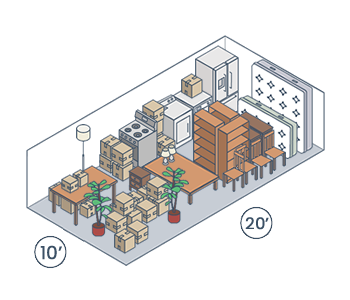 Small storage room with stacked cardboard boxes, shelves, appliances, plants, and a desk lamp on a gray floor.