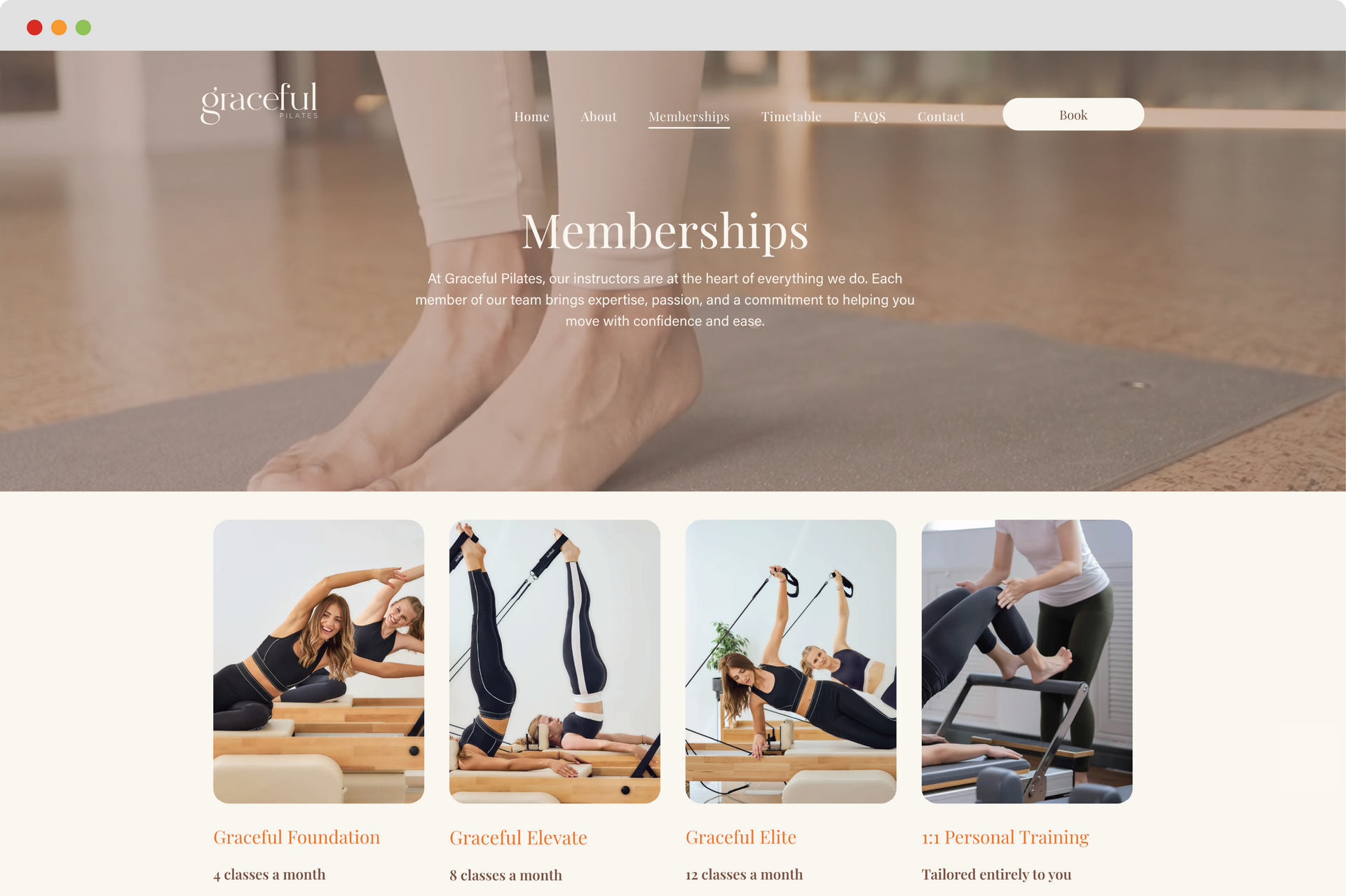Pilates studio homepage with woman on reformer and “Welcome to Graceful Pilates Studio” text